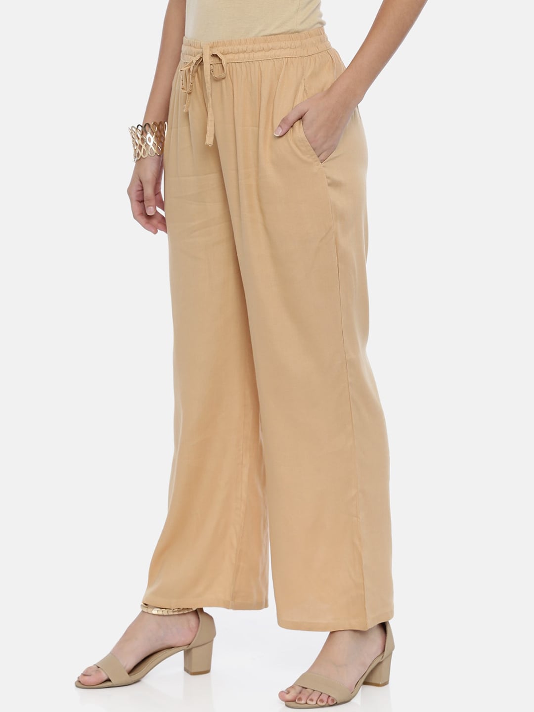 Souchii Beige Solid Flared Palazzos - Distacart