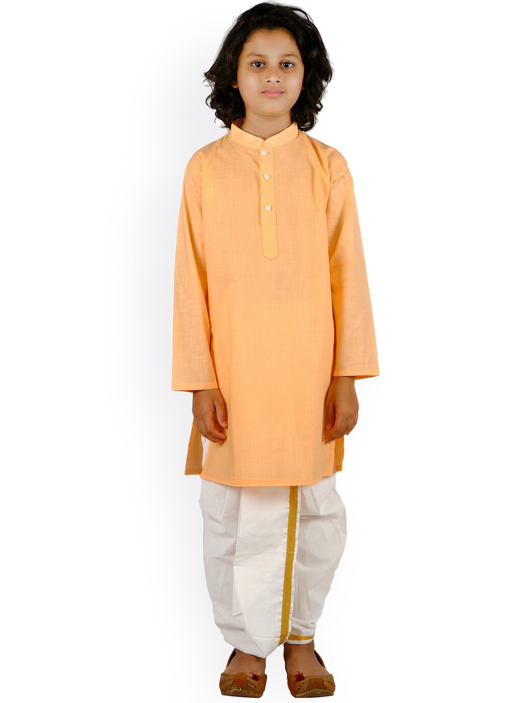 Sethukrishna Boys Orange Embroidered Pure Cotton Kurta with Churidar - Distacart