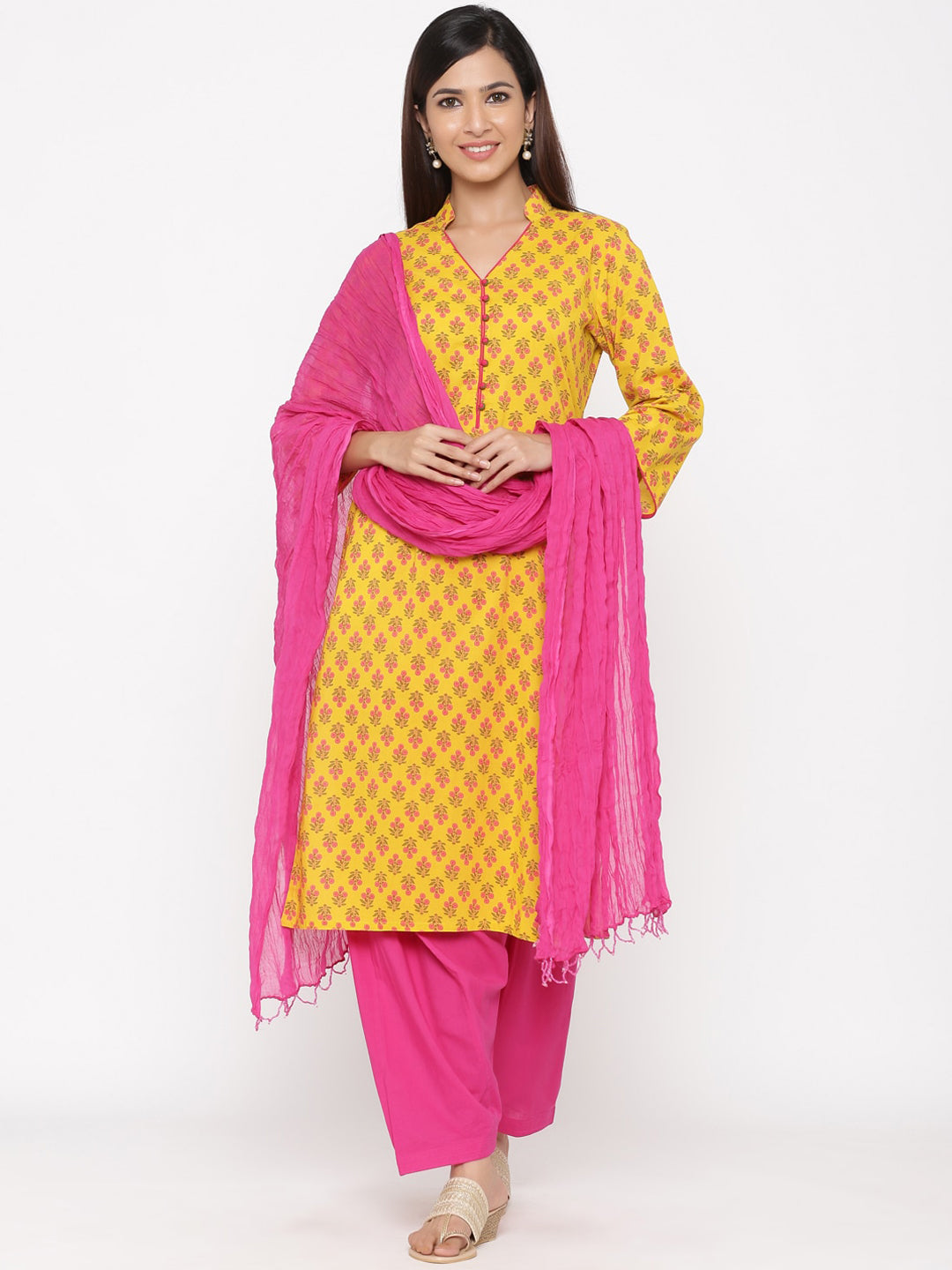 Jaipur Kurti Women Yellow & Pink Floral Printed Kurta with Salwar & Dupatta - Distacart