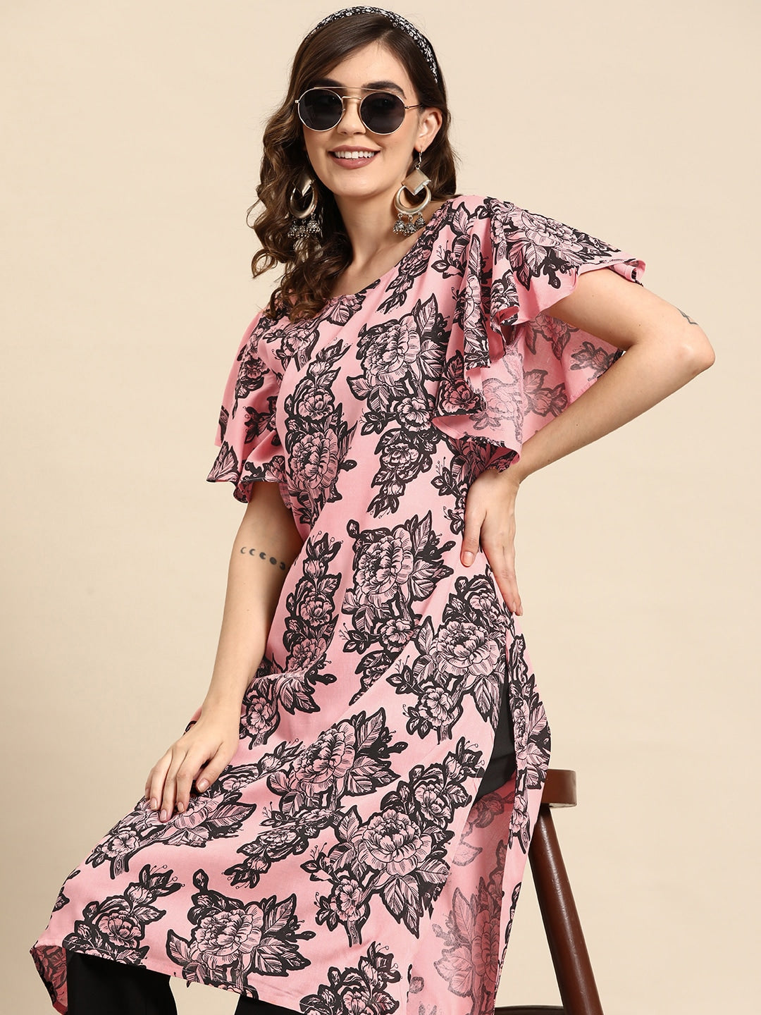 Sangria Floral Print Flutter Sleeves Kurta - Distacart