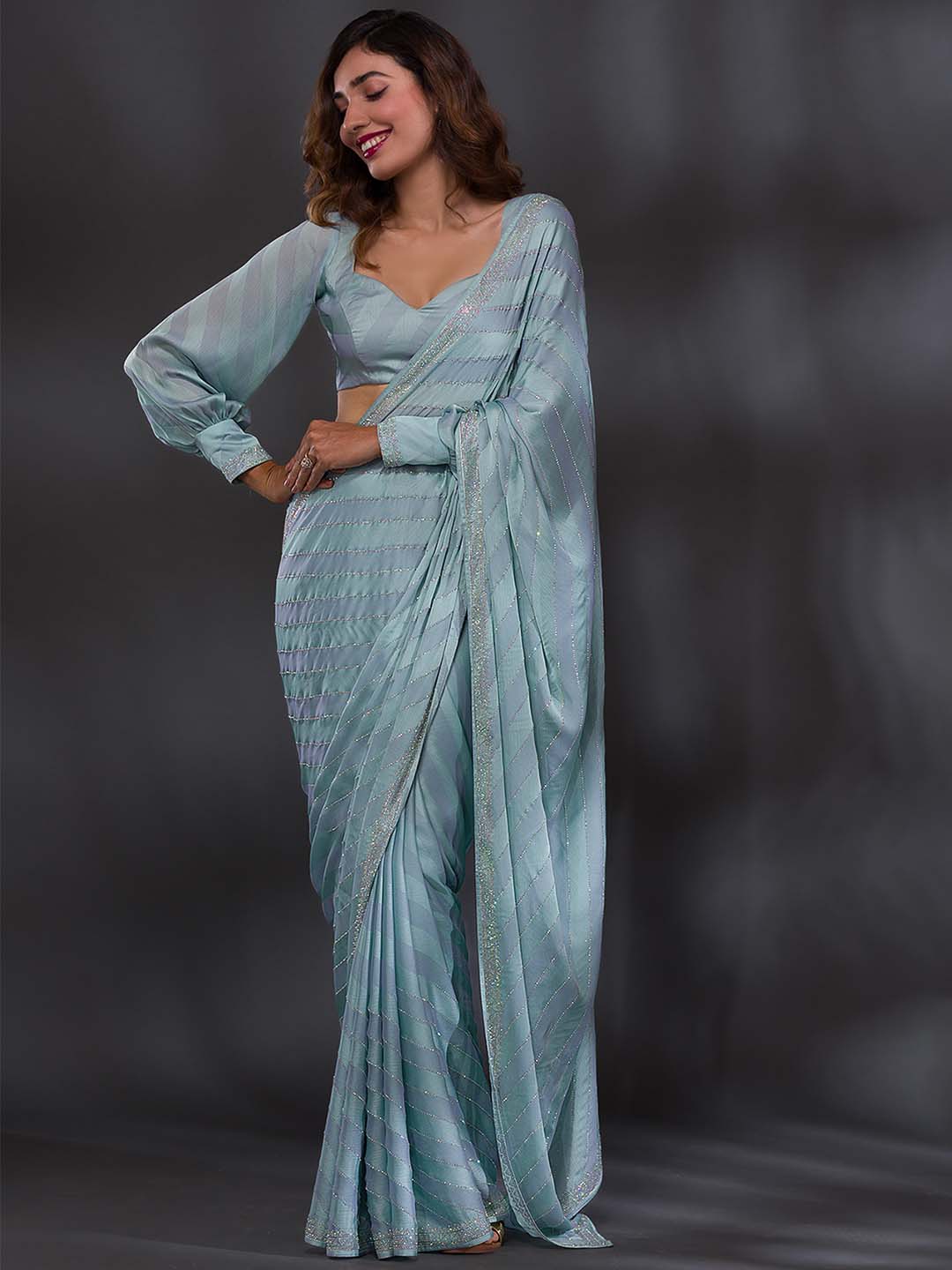 Koskii Lavender Embellished Beads and Stones Poly Crepe Saree - Distacart