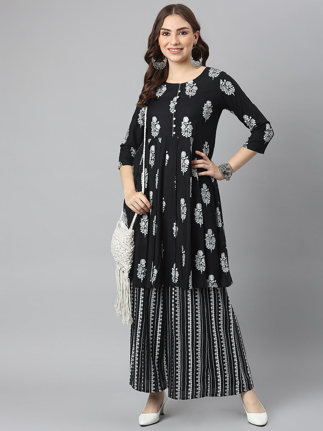 Kalini Women Black Ethnic Motifs Printed Kurta with Sharara - Distacart