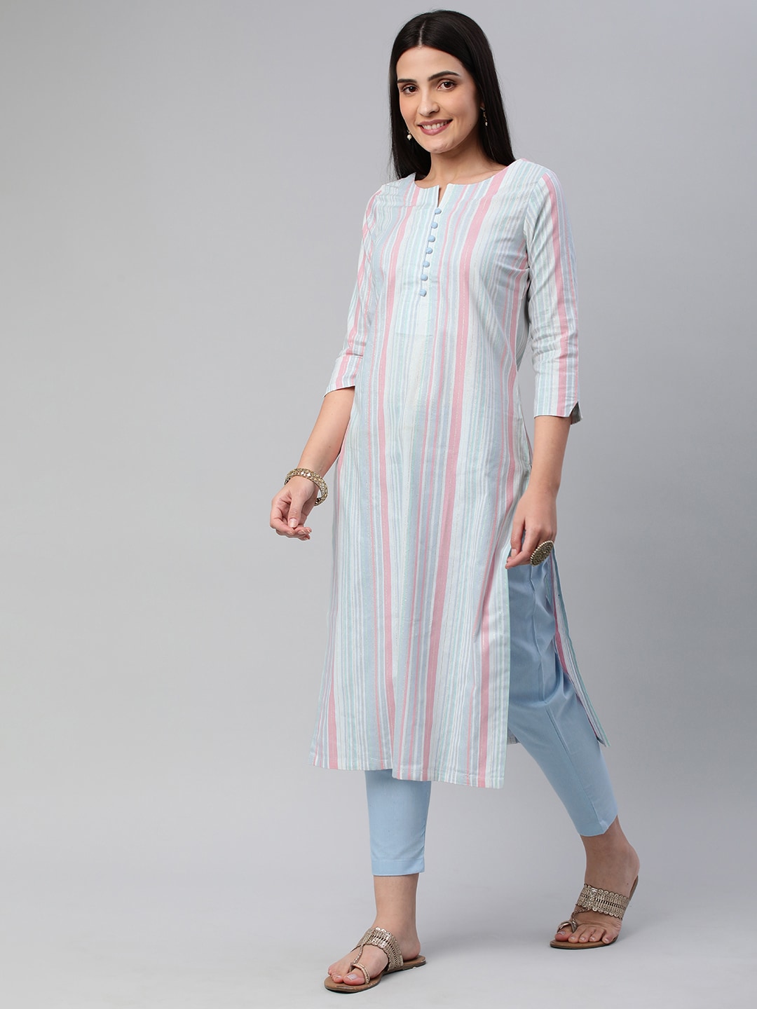 Kalini Women Striped Pure Cotton Kurta With Trousers - Distacart