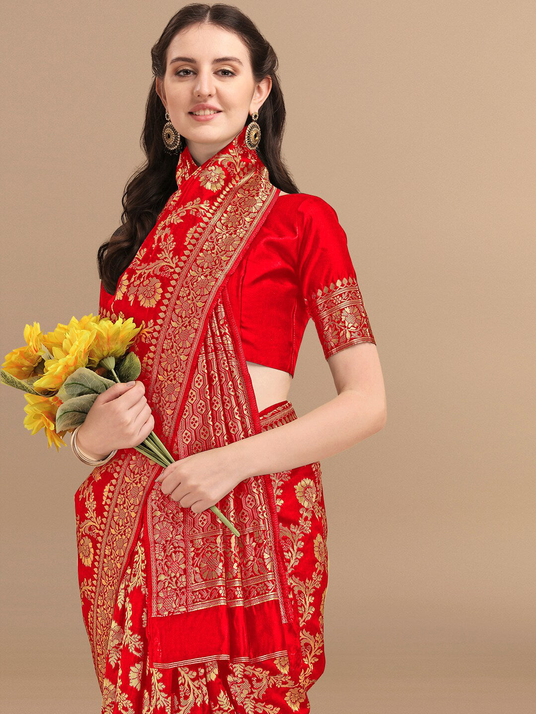 Kalini Red & Golden Floral Zari Silk Blend Banarasi Saree - Distacart