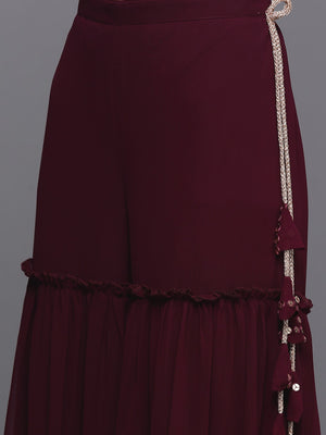 Libas Burgundy Embroidered Sequinned Kurta with Sharara & Dupatta - Distacart