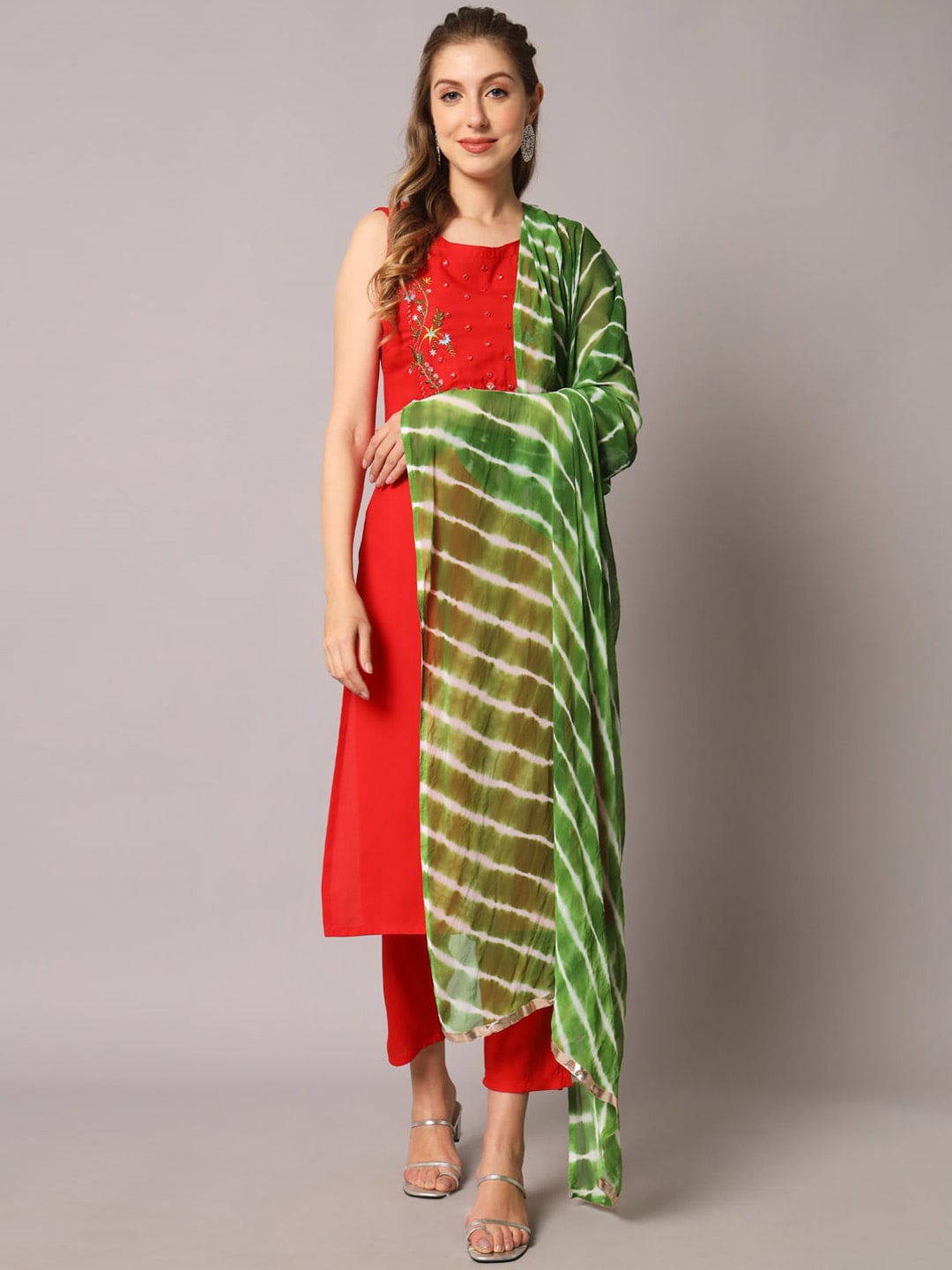 Kalini Women Floral Yoke Design Mirror Work Kurta With Trousers & Dupatta - Distacart