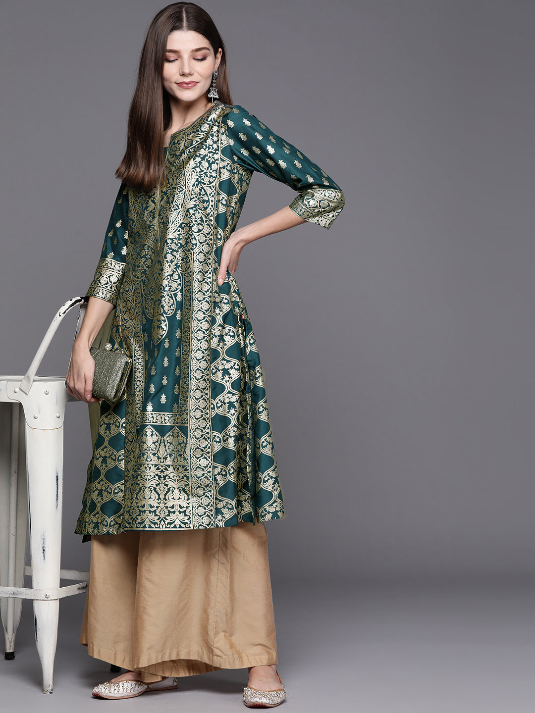Biba Women Teal & Gold-Toned Ethnic Motifs Kurta - Distacart
