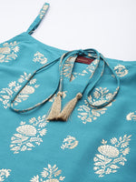 Thumbnail for Sangria Women Blue & Golden Ethnic Motifs Printed Kurta with Sharara & Dupatta - Distacart