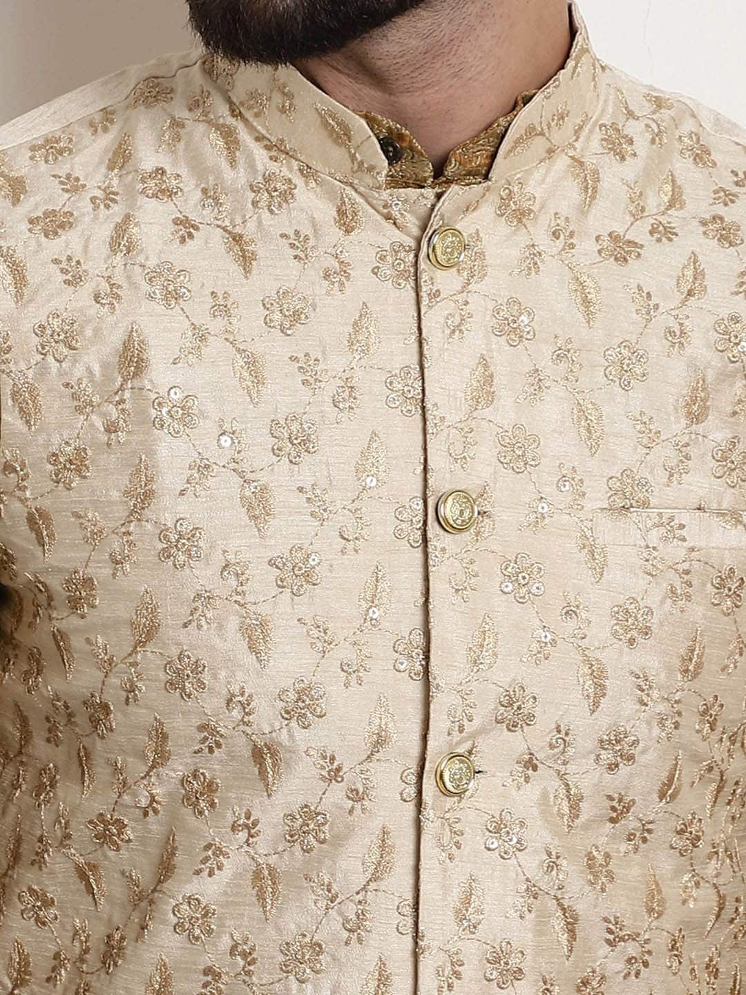 Sojanya Woven Design Mandarin Collar Kurta with Churidar & Nehru Jacket - Distacart