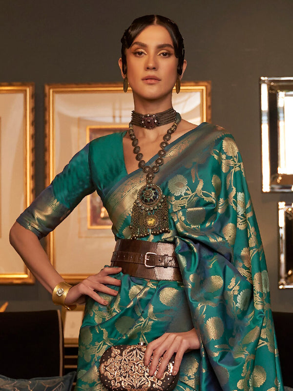 Teal Resham & Gold  Zari Woven Silk Saree With Floral & Ethnic Motifs main image 0