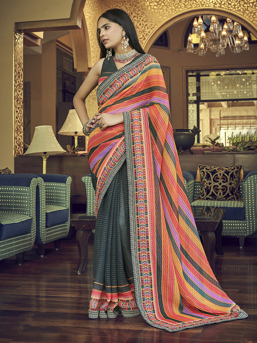 Myra Multicolour Gorgette Designer Saree - Distacart