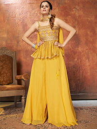 Thumbnail for Myra Yellow Georgette Embroidered Designer Suit - Distacart