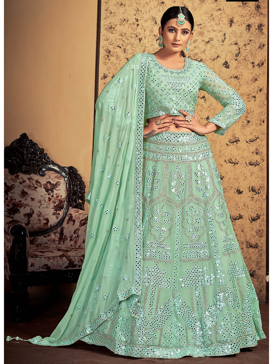 Myra Pista Georgette Heavy Embroidered Designer Lehenga - Distacart