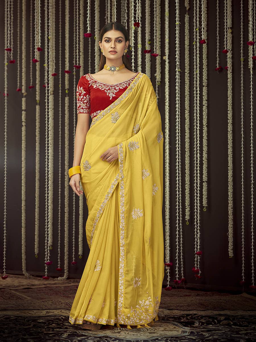 Myra Mustard Art Silk Heavy Embroidered Designer Saree - Distacart