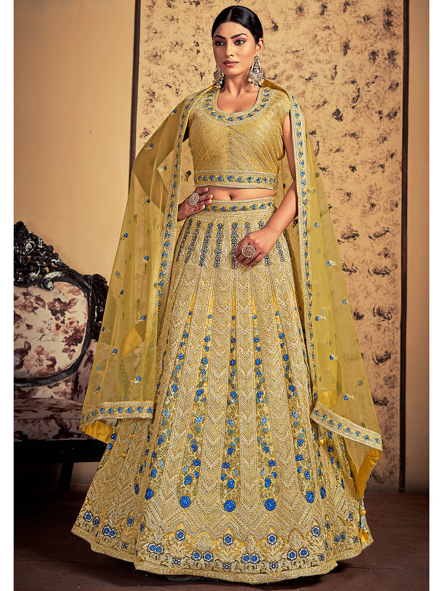 Myra Mustard Soft Net Heavy Embroidered Designer Lehenga - Distacart