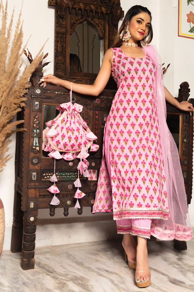 Pomcha Jaipur Gulbahar Pink Hand Block Suit Set - Distacart