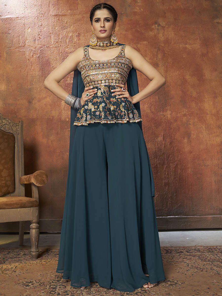 Myra Aequa Blue Georgette Embroidered Designer Suit - Distacart