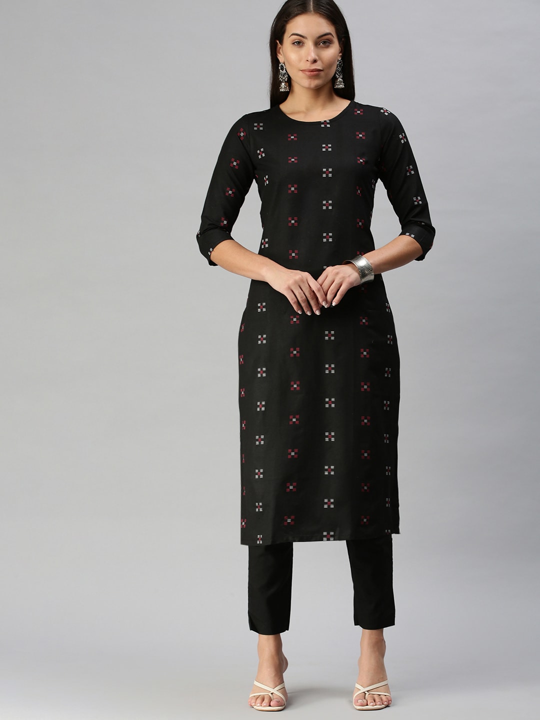 Kalini Women Black Pure Cotton Geometric Woven Design Kurta with Trousers - Distacart