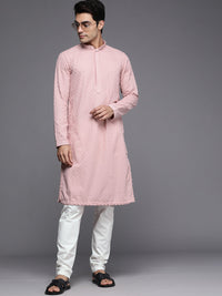 Thumbnail for Manyavar Men Pink Ethnic Motifs Embroidered Kurta with Churidar - Distacart