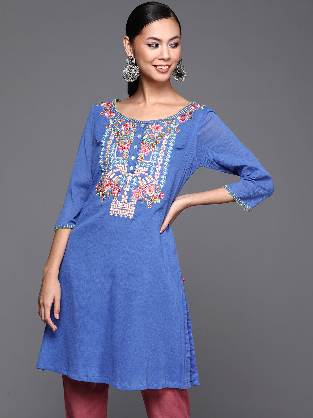 Biba Women Blue Pure Cotton Floral Embroidered Mirror Work Kurta - Distacart