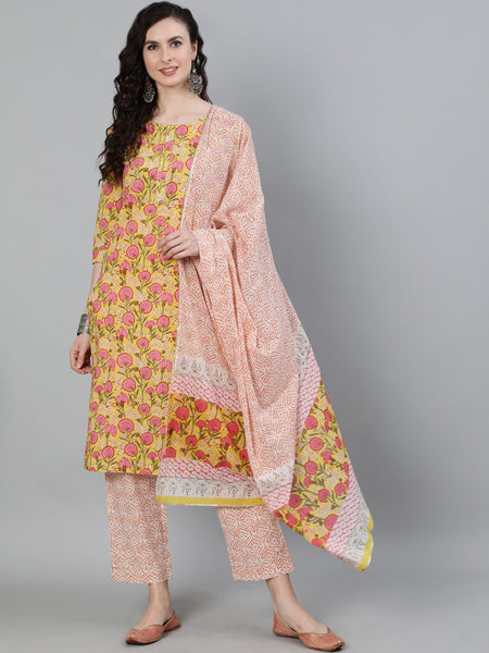 Jaipur Kurti Women Yellow Ethnic Motifs Printed Regular Pure Cotton Kurta with Trousers & With Dupatta - Distacart
