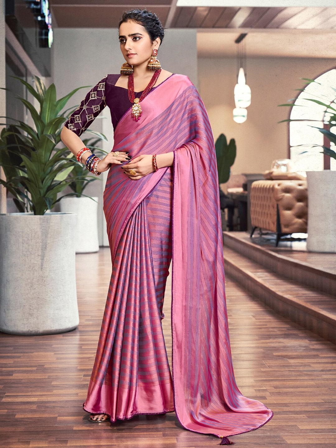 Saree Mall Magenta & Purple Striped Zari Saree - Distacart