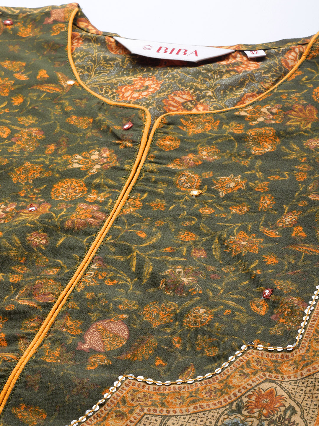 Biba Women Khaki Floral Printed Regular Pure Cotton Kurta with Palazzos & With Dupatta - Distacart