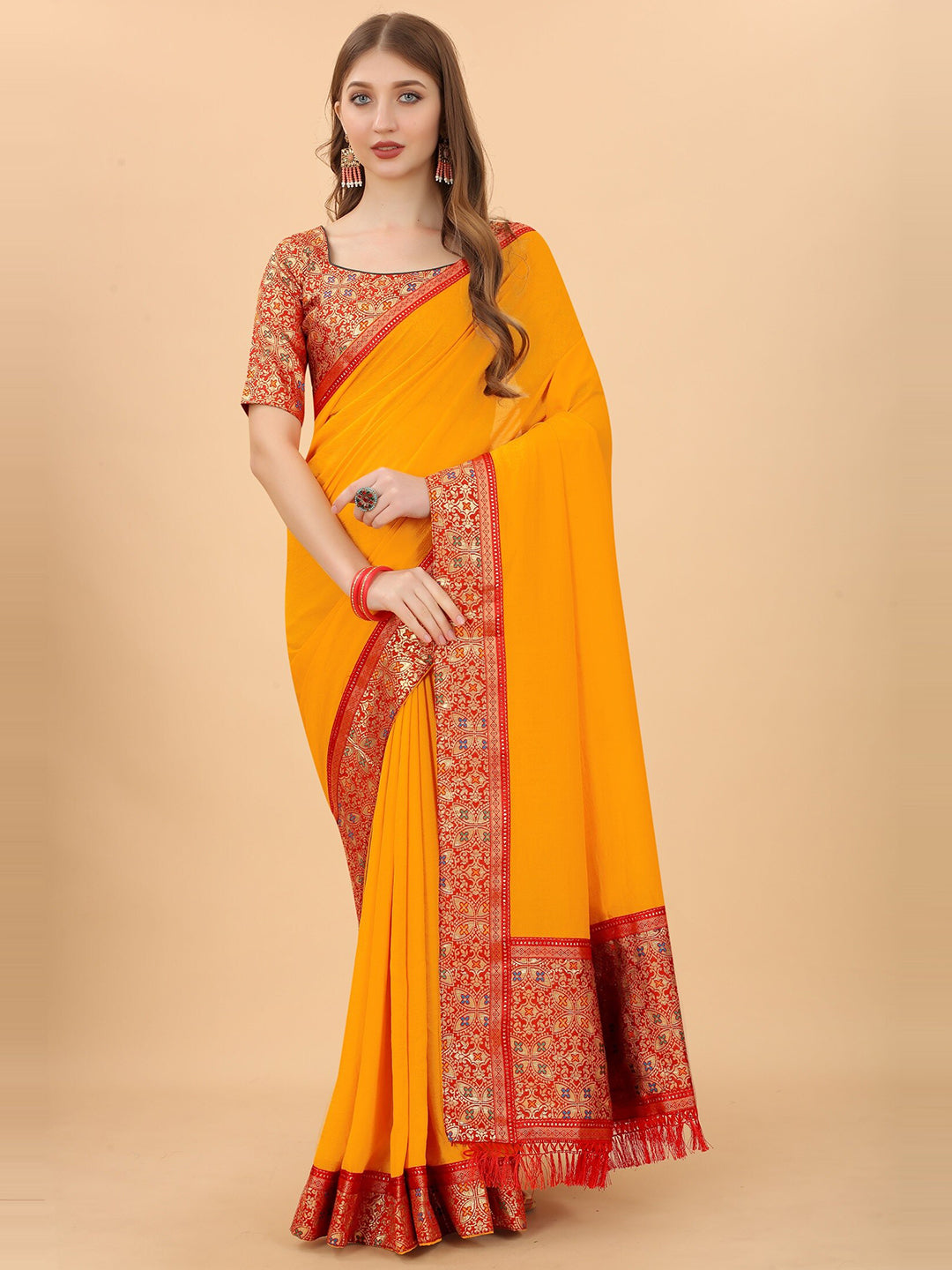 Kalini Yellow & Red Zari Pure Silk Saree - Distacart