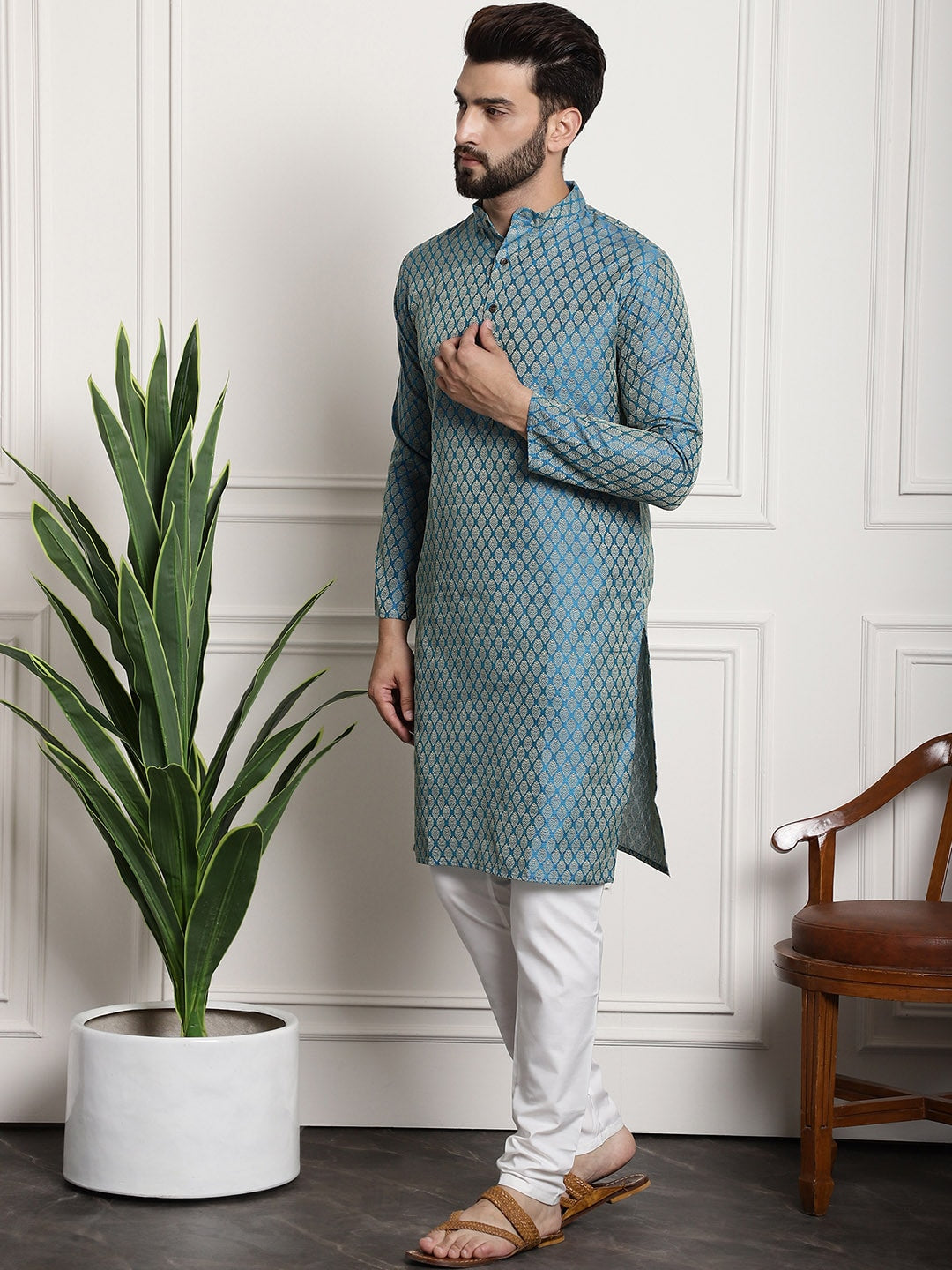 Sojanya Men Blue & Off-White Woven Design Kurta with Churidar - Distacart