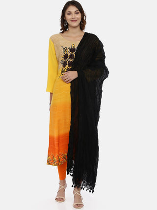 Souchii Black Solid Tasselled Cotton Dupatta - Distacart