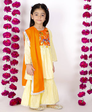 Little Bansi Yellow and Orange Color Mirror work Kurta frock with Sharara and Dupatta