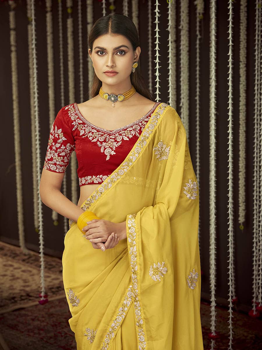 Myra Mustard Art Silk Heavy Embroidered Designer Saree - Distacart