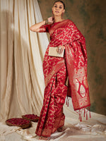 Thumbnail for Sangria Red & Gold-Toned Floral Woven Design Zari Banarasi Saree - Distacart