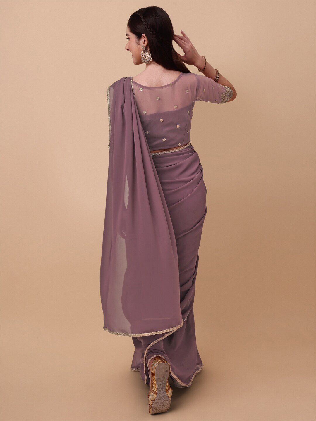 Sangria Mauve Embroidered Poly Georgette Saree - Distacart