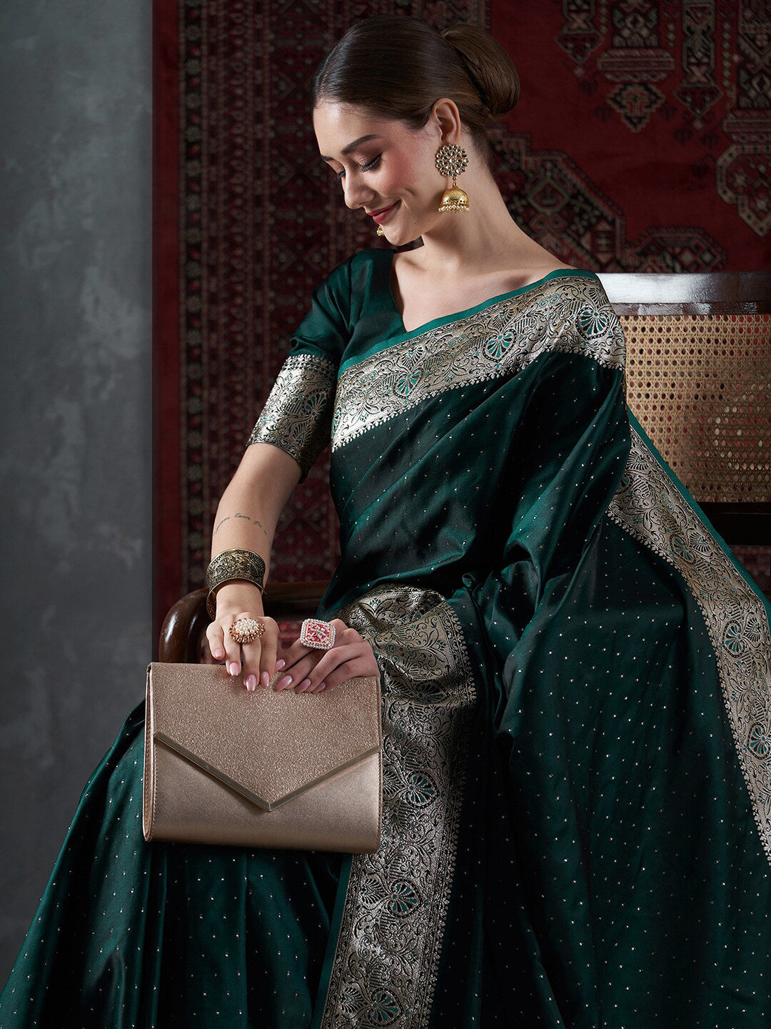 Mitera Green & Gold-Toned Ethnic Motifs Woven Design Zari Satin Banarasi Saree - Distacart