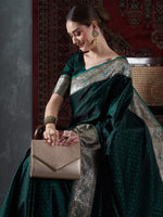 Thumbnail for Mitera Green & Gold-Toned Ethnic Motifs Woven Design Zari Satin Banarasi Saree - Distacart
