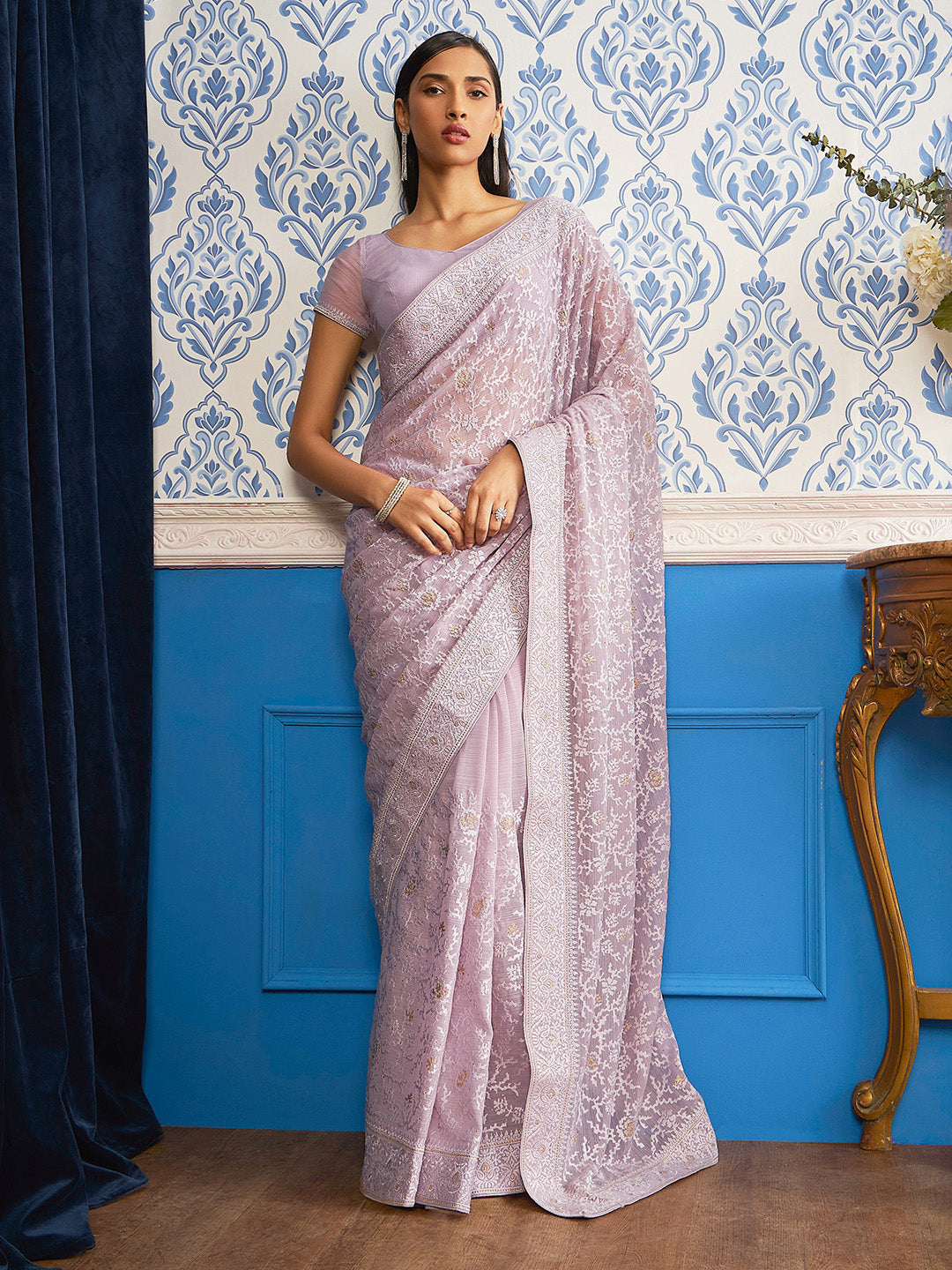 Soch Floral Embroidered Pure Chiffon Saree - Distacart