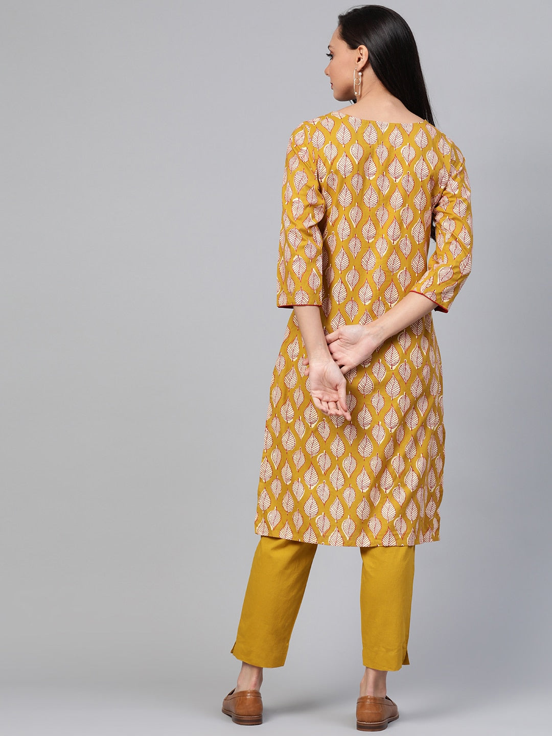Sangria Women Mustard Yellow & Off-White Printed Kurta with Trousers - Distacart