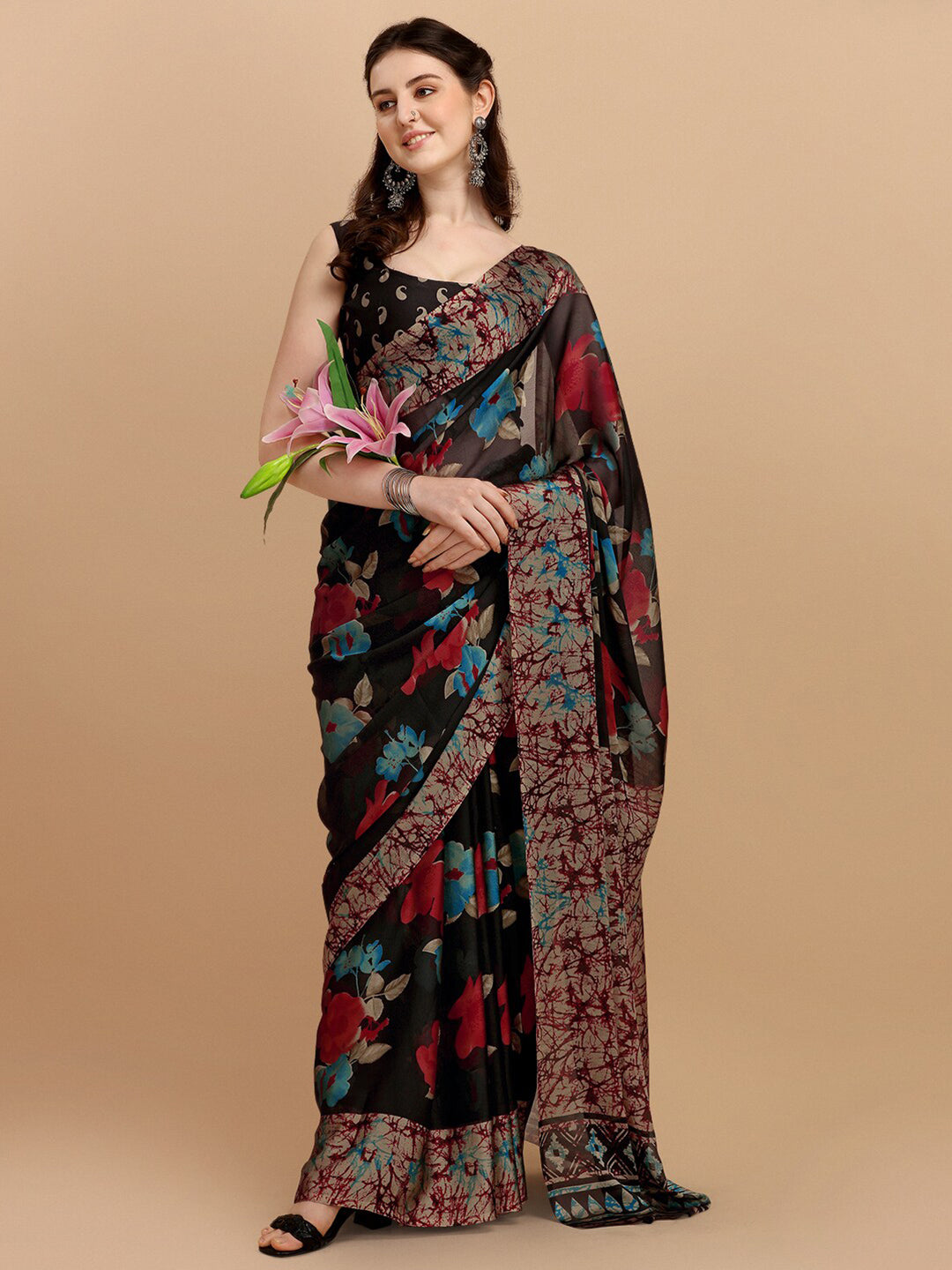 Kalini Black & Red Floral Printed Saree - Distacart