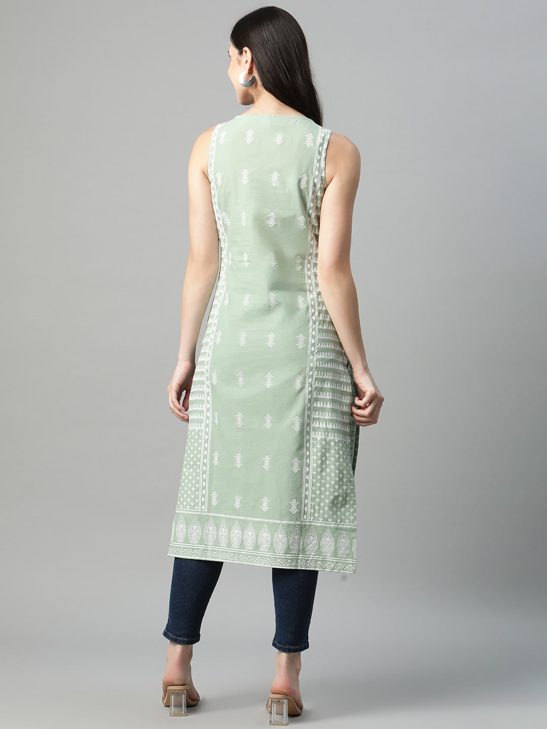 HERE&NOW Women Sea Green & White Ethnic Motifs Printed Tie-Up Neck Kurta - Distacart