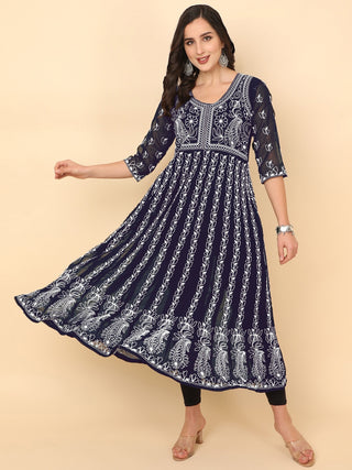 HERE&NOW Women Chikankari Embroidered Thread Work Georgette Anarkali Kurta - Distacart