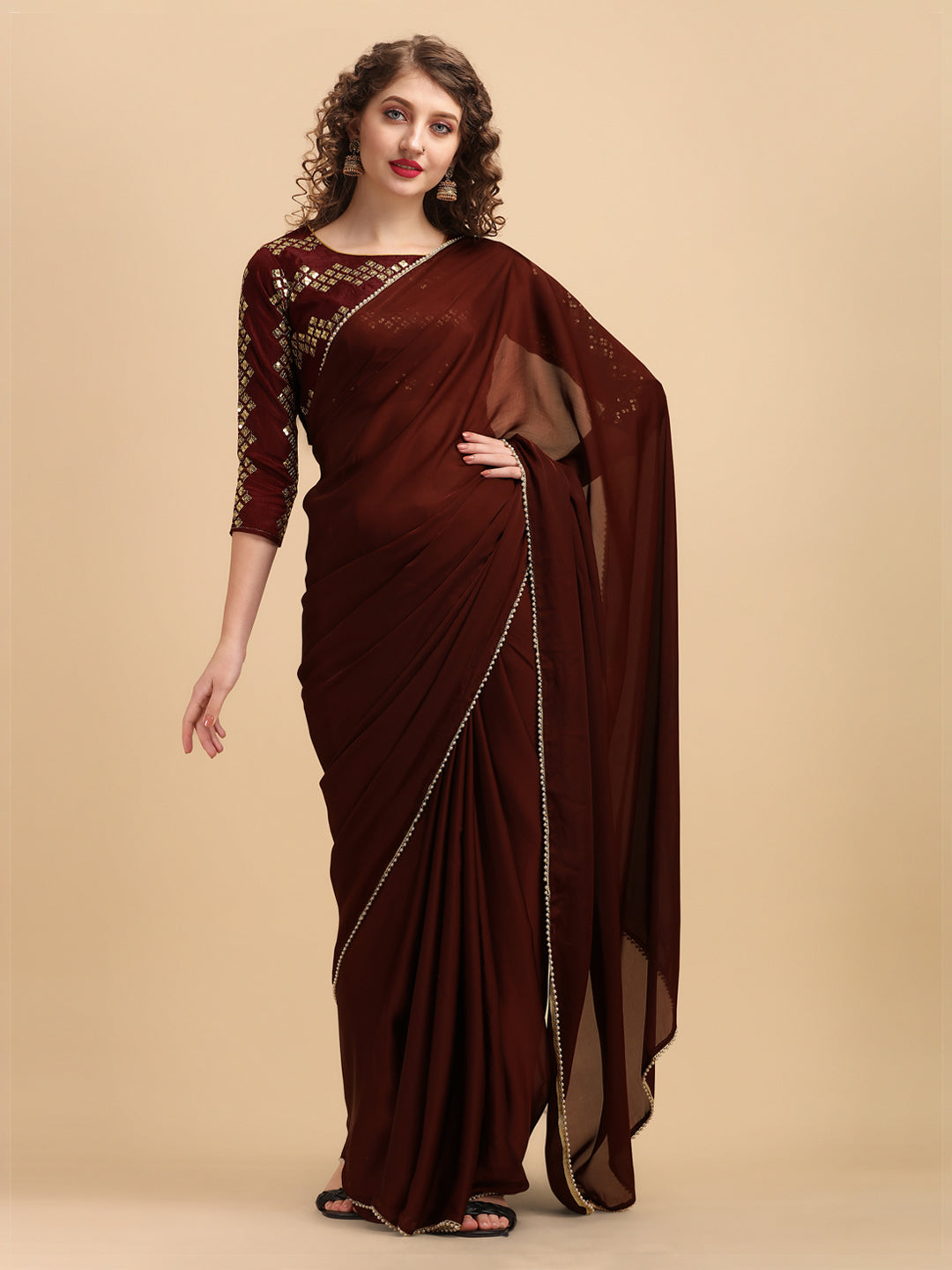 Sangria Coffee Brown & Golden Embroidered Satin Saree - Distacart