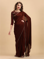 Thumbnail for Sangria Coffee Brown & Golden Embroidered Satin Saree - Distacart