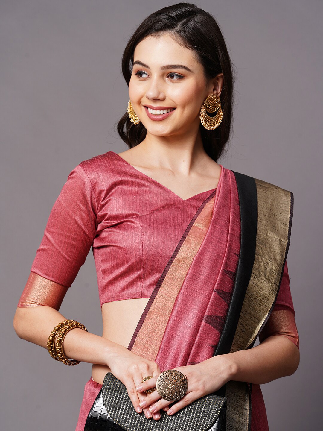 Mitera Mauve & Gold-Toned Silk Cotton Banarasi Saree - Distacart