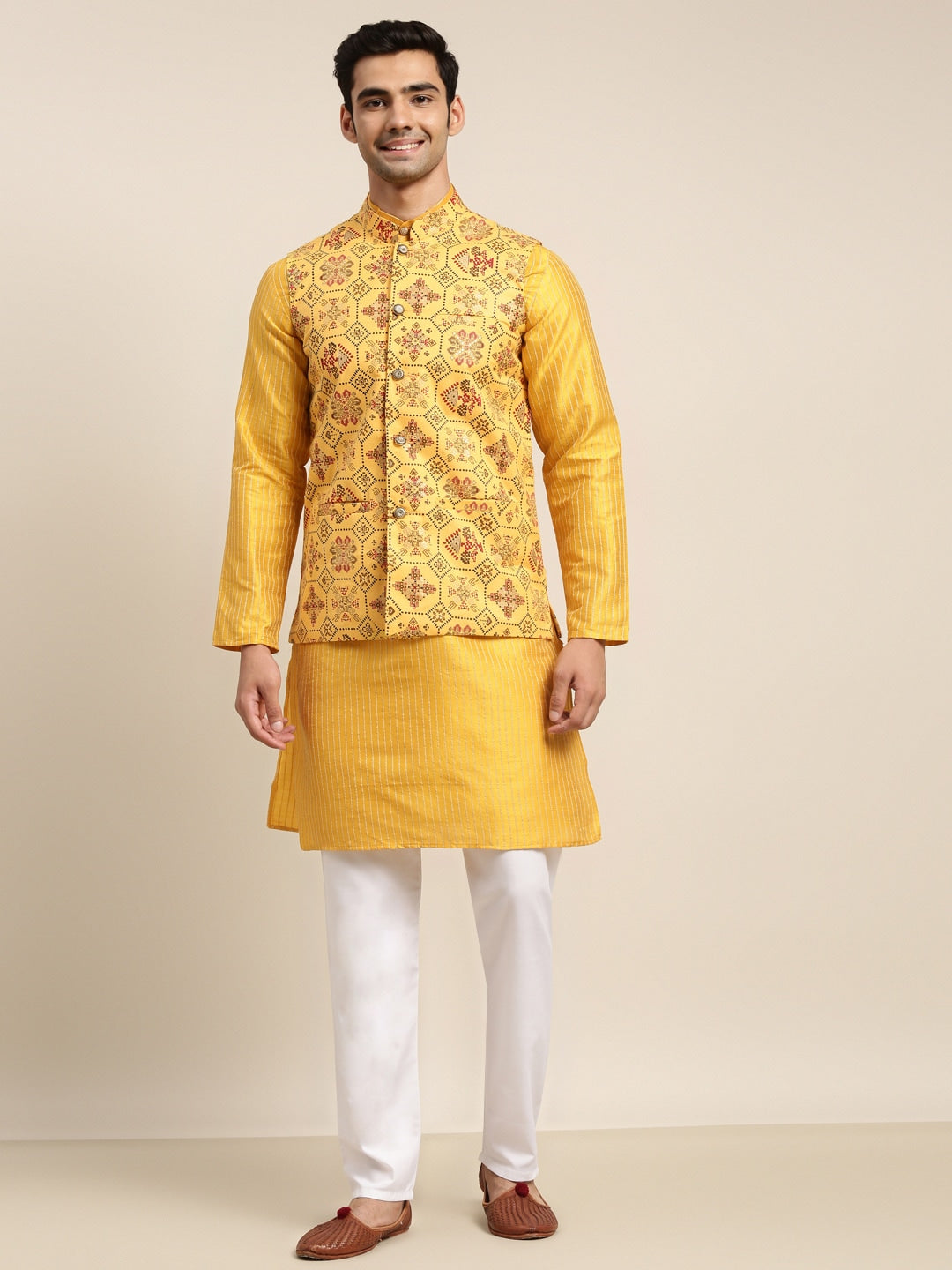 Sojanya Men Mustard Yellow Kurta with Churidar & Nehru Jacket - Distacart
