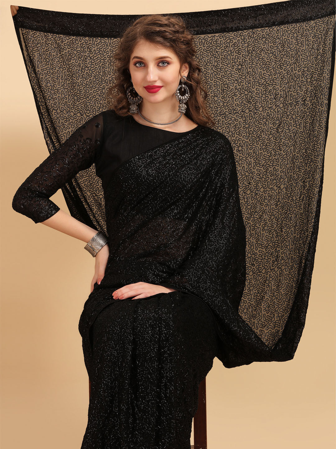 Sangria Black Embellished Sequinned Pure Georgette Saree - Distacart