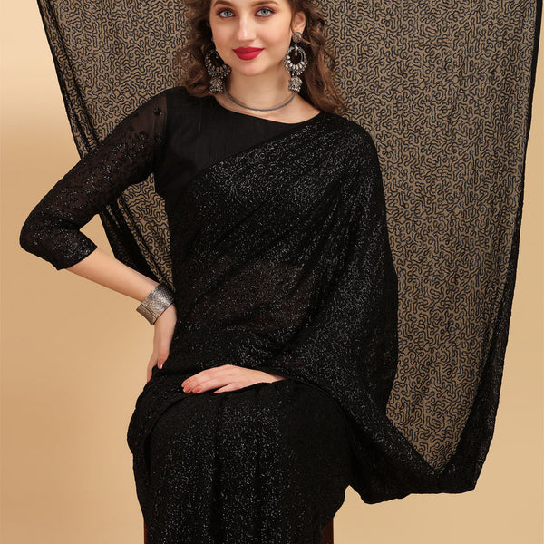 Sangria Black Embellished Sequinned Pure Georgette Saree - Distacart