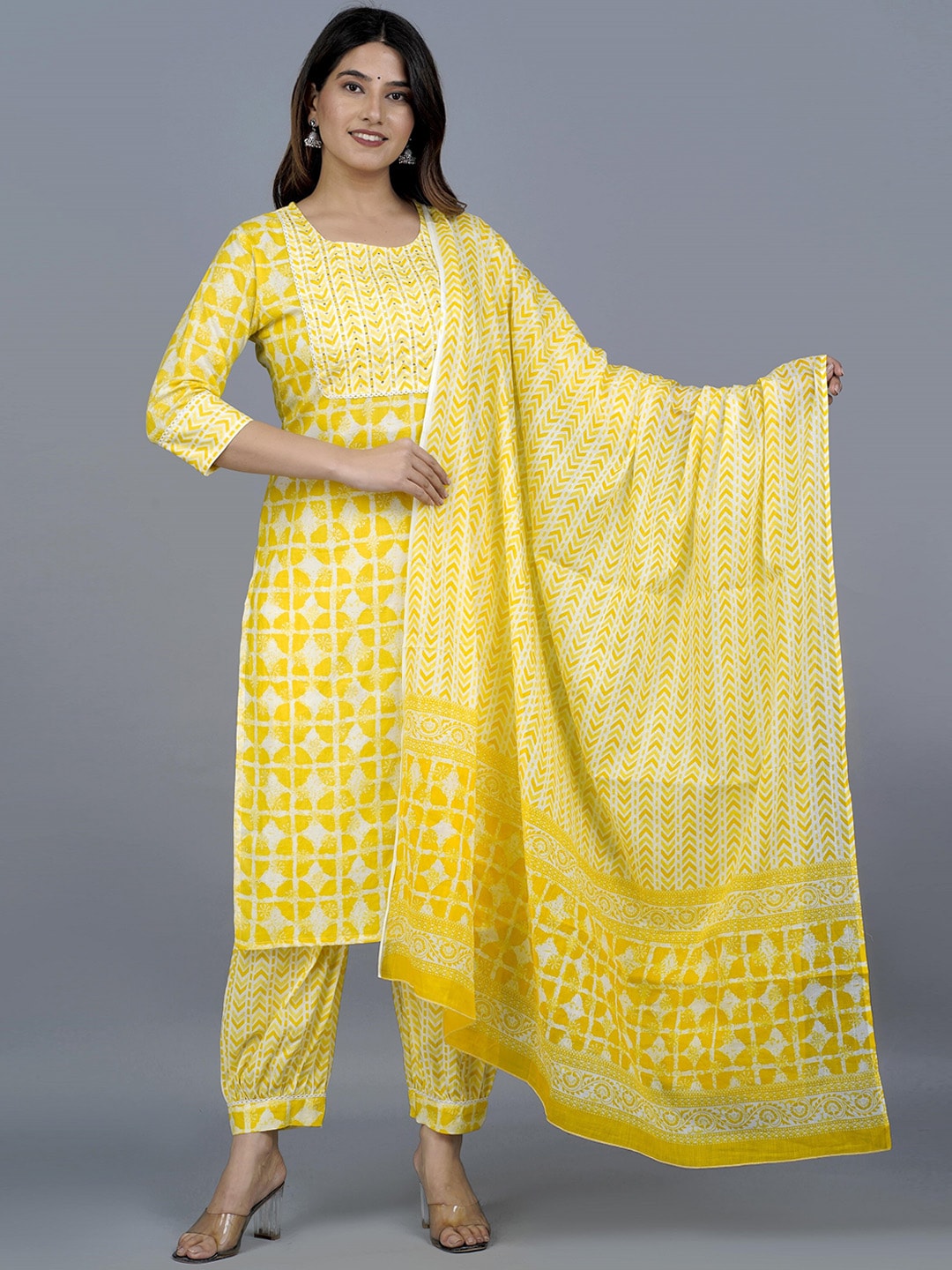 Kalini Printed Sequinned Pure Cotton Kurta with Pyjamas & Dupatta - Distacart