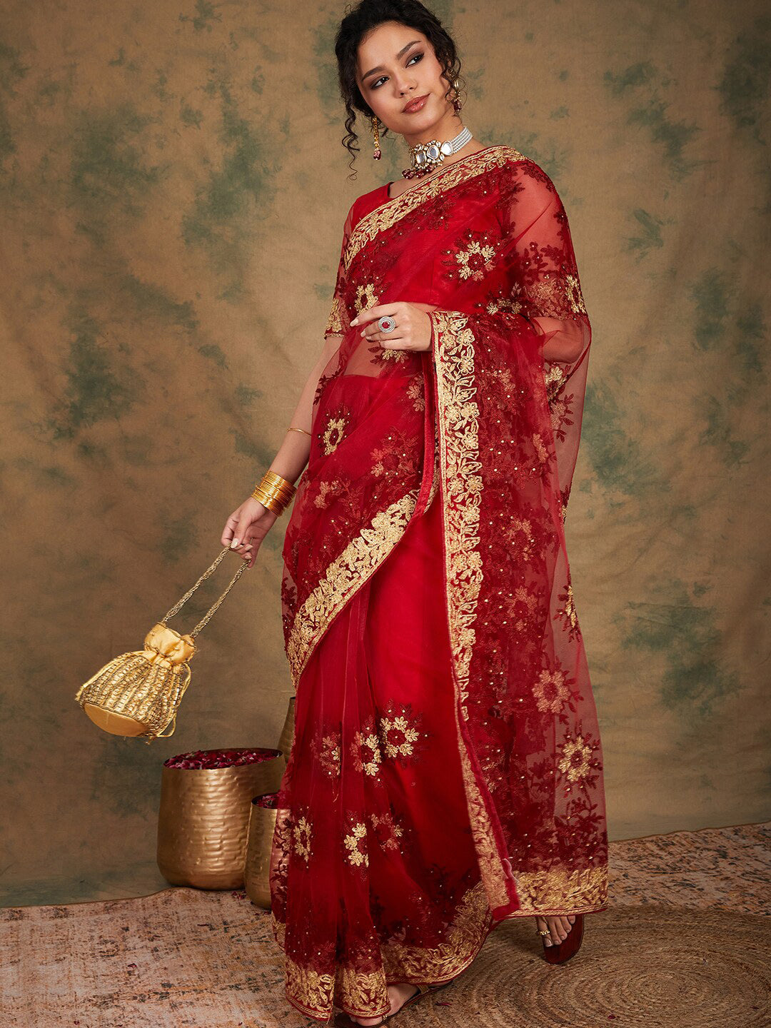 Sangria Floral Embroidered Net Sarees - Distacart