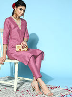 Thumbnail for Sangria Women Mauve Yoke Design Straight Kurta with Trousers - Distacart